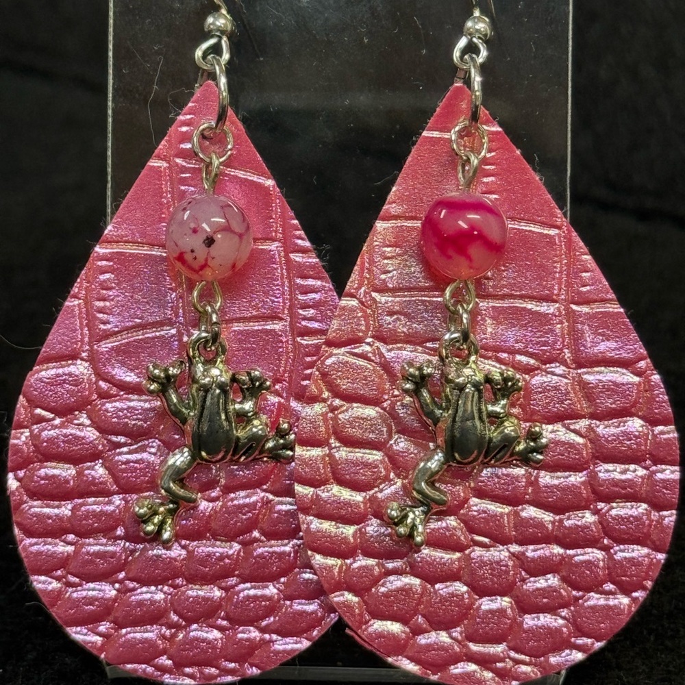 Pink Reptile Skin Earrings with Frog Charms
